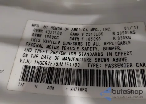 2017 Honda Accord Ex z USA, uszkodzony, nr VIN 1HGCR2F75HA151703